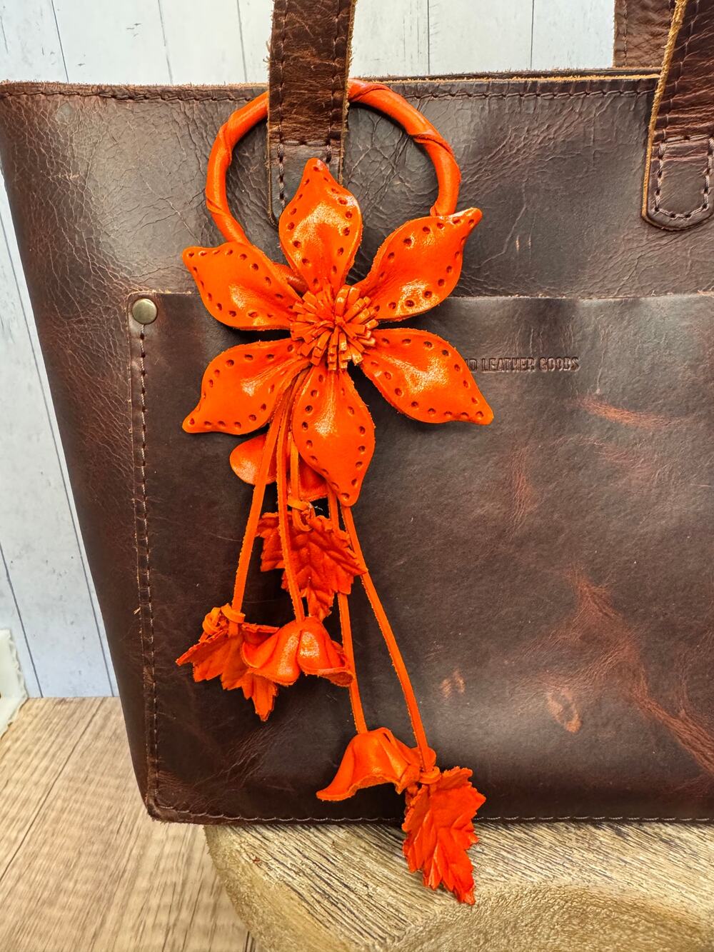 Leather Purse Charm Genuine Leather Orange Fall Flower Bag Charm NEW FAST SHIP